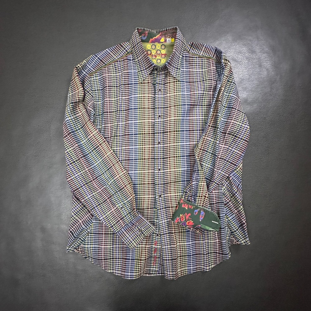 Robert Graham Shirt Mens XL Plaid Striped Flip Cuff Striped Cotton Premium Retro